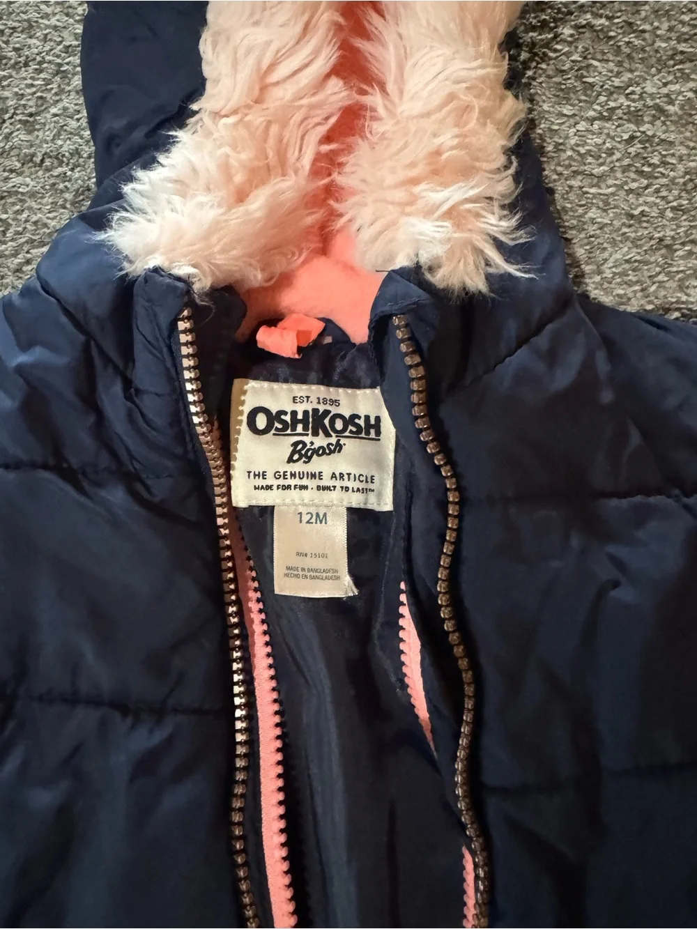 OshKosh B'gosh Navy Puffer Jacket with Pink Faux Fur Hood Trim